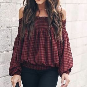 Vici Plaid Ruffled Lantern Sleeve Off Shoulder Blouse